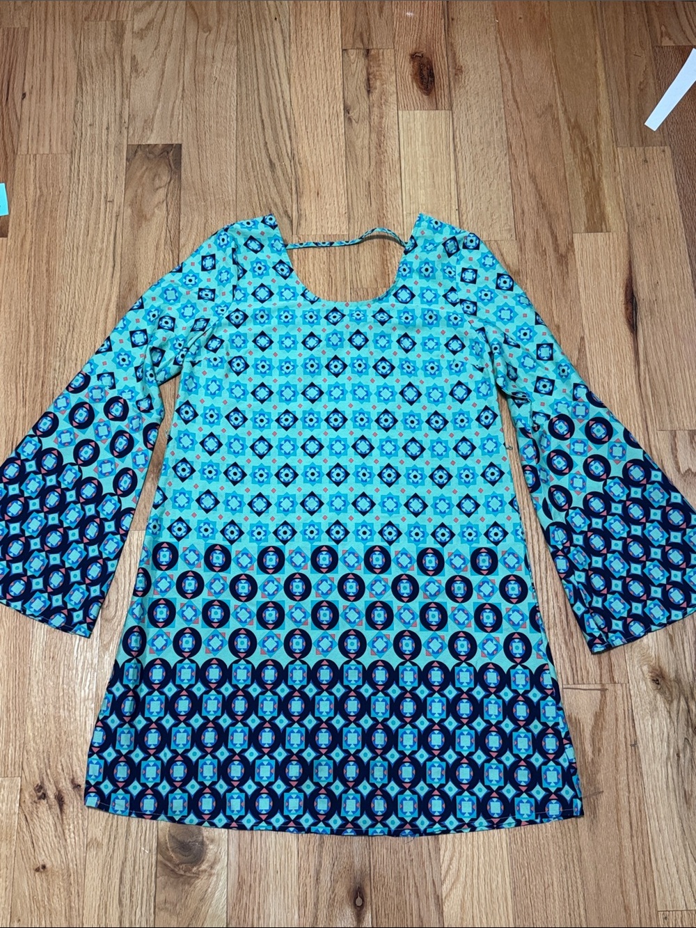 Red Camel Turquoise and Navy Geometric Print Dress